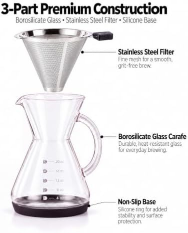 Pour Over Coffee Maker - Glass Dripper with Steel Filter 20 Oz
