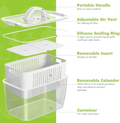 Produce containers for fridge,3 Set Fruit Containers with Removable Colander, BPA-Free Produce Saver Containers with Lids Dishwasher&Microwave Safe Keep Fruits, Vegetables, Berry, Fresh Longer