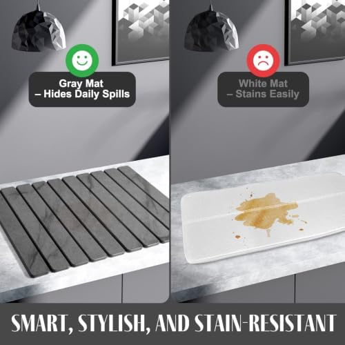 2 PCS Large Stone Dish Drying Mat for Kitchen Counter, 24"×16" Marble-Pattern Dish Drying Mat with 8"x 4" Coasters, Non - Slip Collapsible Absorbent Mat for Multi - Purpose, Match Any Countertop【Gray】