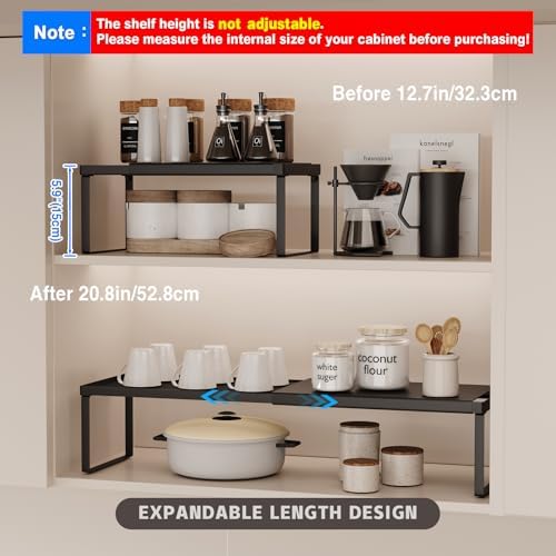 Expandable Cabinet Shelf Organizer, 2 Pack Stackable Kitchen Counter Shelf Riser, Metal Spice Rack Heavy Duty Countertop Organizer Storage for Kitchen, Pantry, Cupboard, Rv (5.9in Height,Black)
