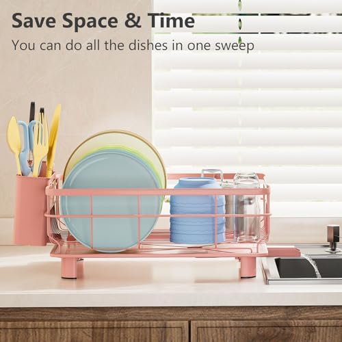 Auto Drain Metal Dish Drying Rack Dish Drainers, Pink