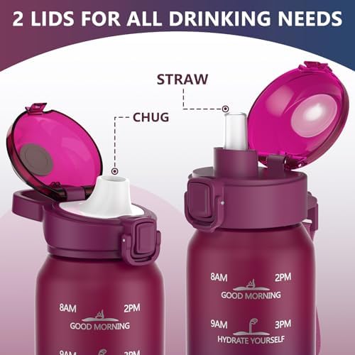Insulated Water Bottle 32oz with 2Lids(Straw Lid & Spout Lid), 1L Double Walled Water Bottle with Time Marker, 1000ml Stainless Steel Metal Flask for Fitness, Gym and Outdoor RED BLACK