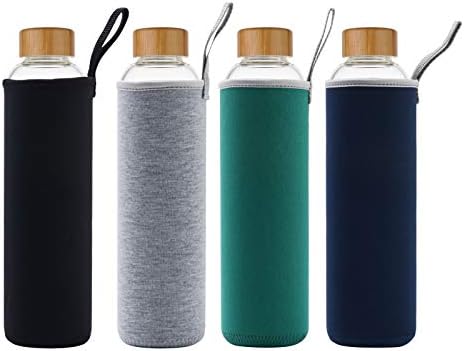 32 oz Glass Water Bottle with Time Marker Bamboo Lid Neoprene Sleeve for to Go Travel Gym Home Reusable Eco Friendly Bpa Free (Gray)