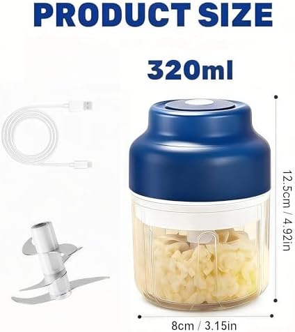 Mini Electric Garlic Chopper, 320ml, USB Rechargeable, 6 Stainless Steel Blades, for Onion, Chili, Ginger, Meat & Nuts - Image 2