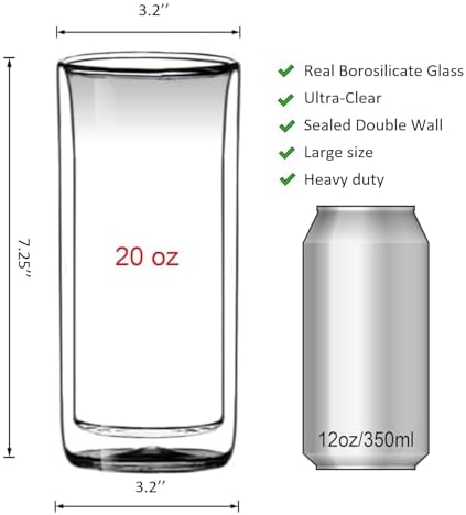 (Set of 2) 20oz (600ml) Ultra Clear Strong Double Wall Insulated Thermo Glass Tumbler V3 Highball Glass for Beer/cocktail/lemonade/iced Tea/Smoothie (Real Borosilicate Glass, Not Plastic)
