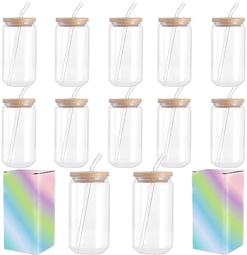 Sublimation Glass Blanks, Sublimation Clear Glass Tumbler 16OZ, Beer Can Glass, FrostedCups With Bamboo Lids And Straws 12Pack