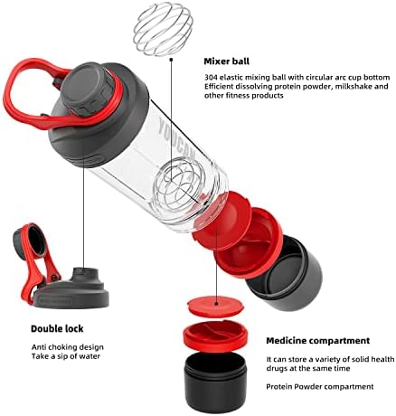 21oz Protein Shaker Bottle with Powder Storage Container-Shaker Cups for Protein Shakes-pre workout bottle-Mixer Cup-Gym Sport Water Bottle -Made with Tritan BPA Free,with Wire Whisk Balls,Red