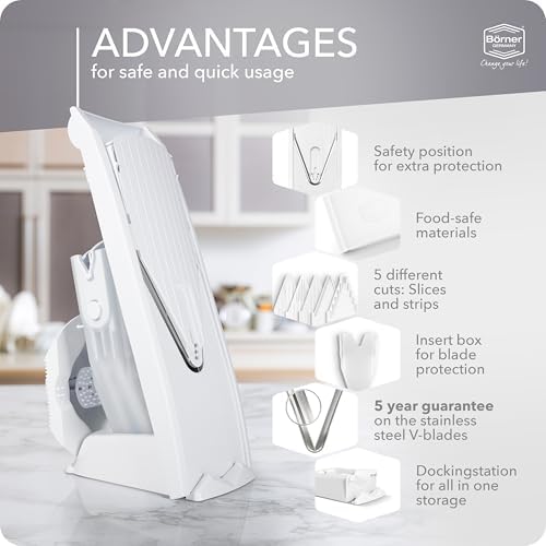 Mandoline Food Slicer Börner V1 (Profi Set) by Reston Lloyd • V-Slicer with 4 Inserts, Docking Station & Food Holder • Made in Germany • Fruit & Vegetable Chopper • Multiple Settings • Color: White - Image 4