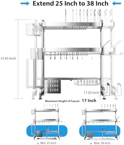 Over The Sink Dish Drainer Drying Rack 3 Tier Adjustable Width