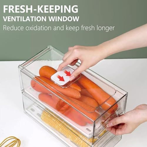 Fruit Storage Containers for Fridge with Strainer, BPA-Free Fridge Organizers and Storage, Stackable Clear Pull Out Refrigerator Organizers Drawer for Fruit,Vegetable,Produce,Berry,Food (2 Pack)