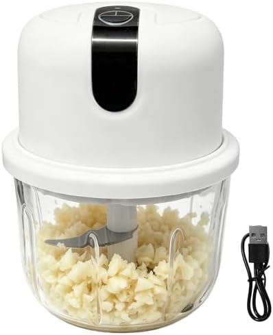Mini Electric Garlic Chopper, 350ML Glass Bowl Food Processor, USB Rechargeable/Battery Operated Mincer with 3 Stainless Steel Blades for Garlic, Ginger, Chili, Nuts, White by Unknown