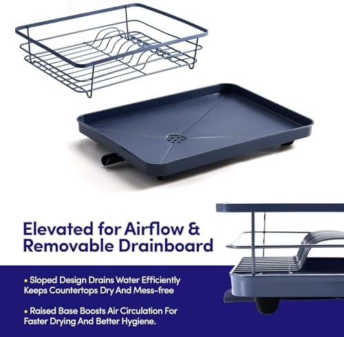Dish Drying Rack 3 Piece Dish Drainer with Drainboard Set for Kitchen Counter – Dish Rack with Removable Utensil Holder & Swivel Spout for Countertop – DishRack for Plates, Cups & More, Navy