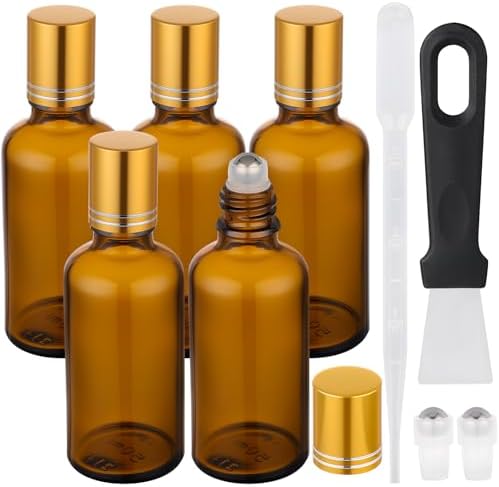 Segbeauty 1.7oz Thick Glass Amber Roller Bottles for Essential Oils, 5pcs Travel Roll On Perfume Bottles, 50ml Refillable Roller Ball Applicator for Eye Essence, Empty Rollerball Bottle for Castor Oil by Segbeauty
