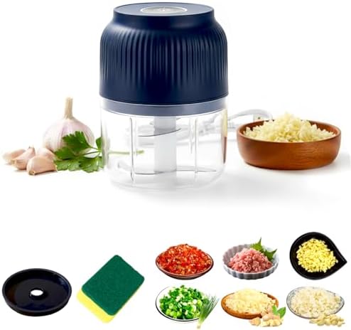 300ml Capacity Electric Garlic Chopper, Mini Portable Veggie Cutter, 4 Sharp Stainless Steel Blades Mini Electric Food Chopper, Compact Size, Easy to Clean, One-Touch Operation (Blue) by Dododox