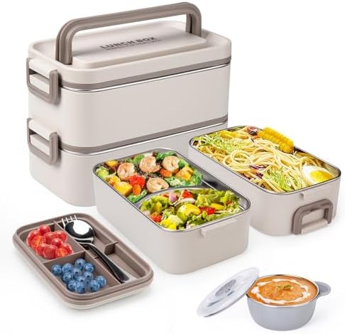 Kids Adults Stainless Steel Lunch Box, 2 Layer, Leak-Proof, Beige