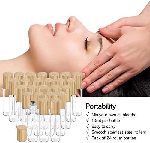 PrettyCare Essential Oil Roller Bottles 10ml (24 Pack Clear Glass Bottle with Bamboo Lid, 4 Extra Roller Balls，48 Labels, 2 Openers, 2 Funnels, 4 Droppers, Roller Balls For Essential Oils - Image 6