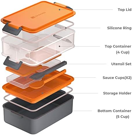 Stackable 2-Tier Adult Bento Box, 4 Compartments - Lava Orange