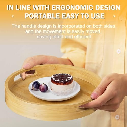 Lazy Susan Organizer 12 Inch Non-Skid Bamboo Lazy Susan for Kitchen Rotating Spice Rack with Handles, Wood Turntable for Kitchen Cabinet,Countertop (Bamboo, Medium)