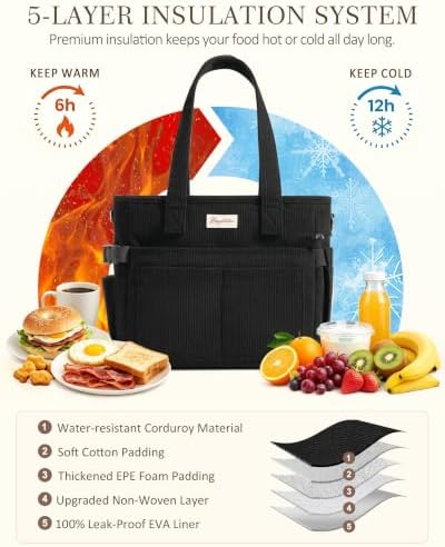 Corduroy Lunch Box for Women Insulated Lunch Bag Cooler Tote Bag