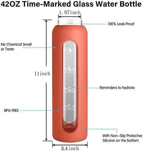 32 oz Glass Water Bottle, Time Marker with Silicone Sleeve & Lid