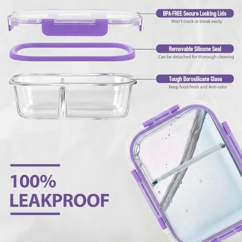 42pcs Glass Food Storage Containers with Lids Set, 21 Containers & 21 Lids Glass Meal Prep Containers with Snap Locking Lid Set, Leak Proof Lunch Container BPA-Free,Purple