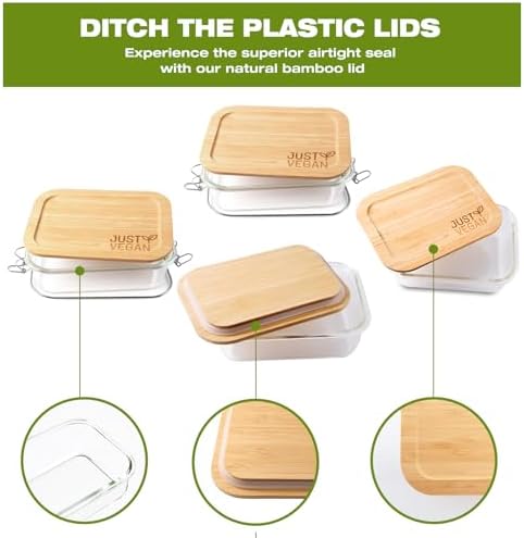 Airtight Glass Food Storage Containers with Bamboo Lids, Set of 2 Secure-Seal Containers for Meal Prep, 100% Leakproof, Plastic Free, Oven & Microwave Safe (2 Pack)