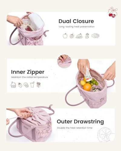 Drawstring Insulated Lunch Bag Women,Adult Lunch Box,Pink