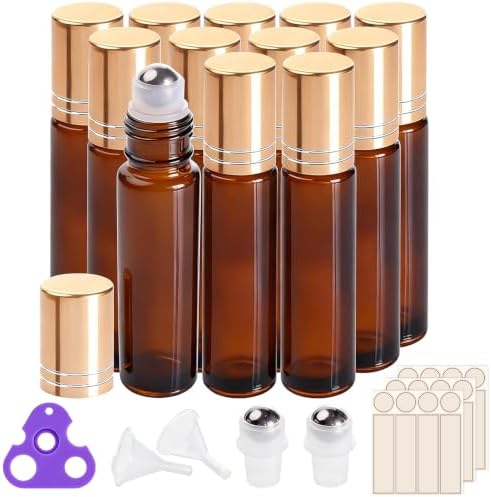 PrettyCare 12 Pack, 10 ml Essential Oil Roller Bottles with Stainless Steel Roller Ball - Refillable Leak-proof Empty Thick Amber Glass Roll on Bottles with Metal Caps for Travel, Perfume by PrettyCare