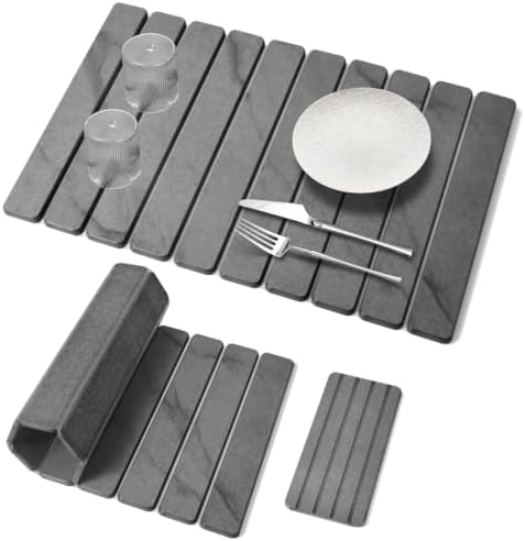 2 PCS Large Stone Dish Drying Mat for Kitchen Counter, 24"×16" Marble-Pattern Dish Drying Mat with 8"x 4" Coasters, Non - Slip Collapsible Absorbent Mat for Multi - Purpose, Match Any Countertop【Gray】