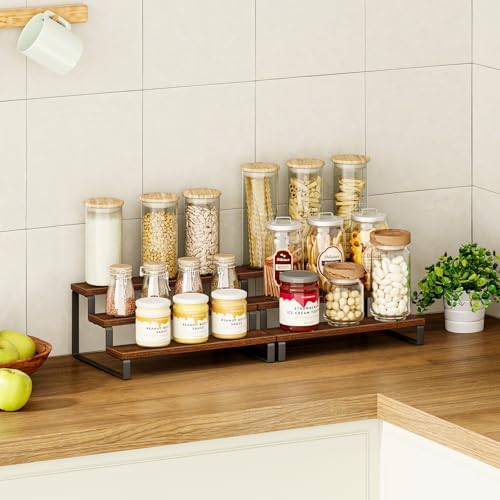 3-Tier Spice Rack, 13.8 Inch Wood Countertop Spice Storage Holder, Kitchen Pantry Cabinet Organizer Cupboard for Spice Bottles, Jars, Seasonings, Baking Supplies, Metal Frame(Set of 2)