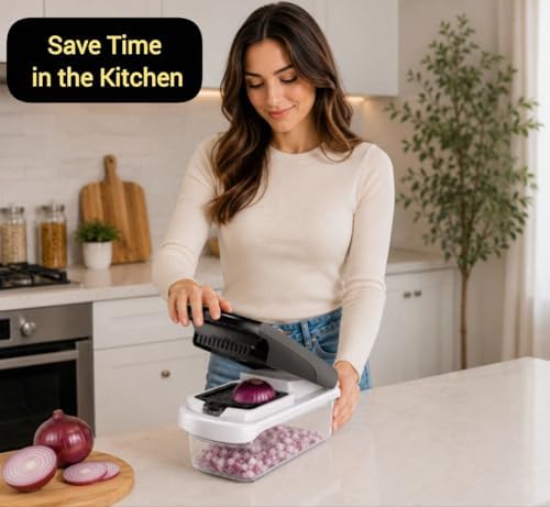 15-in-1 Vegetable Chopper and Mandoline Slicer with Container, Multifunction Food Chopper, Onion Cutter, Veggie Dicer, Fruit Slicer, Kitchen Gadget with Stainless Steel Blades, Black - Image 3