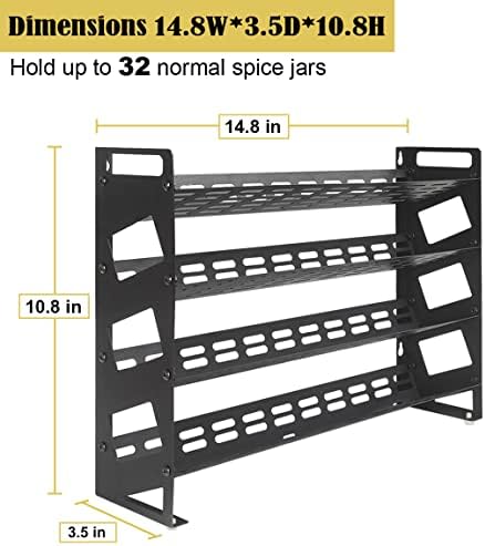 4 Tier Spice Rack Organizer with 32 Square Spice Jars and 160 Spice Labels Set for Kitchen Cabinet Countertop Pantry or Wall Mount, Matte Black