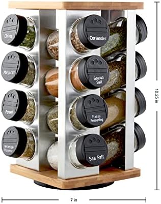 16 Jar Warner Revolving Countertop Spice Rack Organizer with Lift & Pour Caps and Spices Included, FREE Spice Refills for 5 years, Stainless Steel & Bamboo with Black Caps