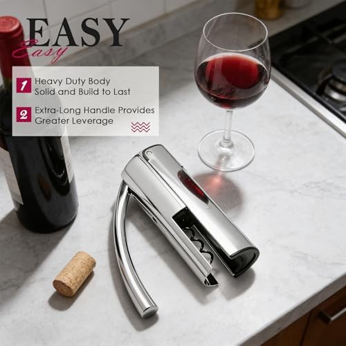 Wine Opener, Stainless Steel Vertical Lever Corkscrew with Foil Cutter, Extra Spiral and Premium Gift Box, Manual Wine Opener with One-Pull Design, Wine Bottle Opener