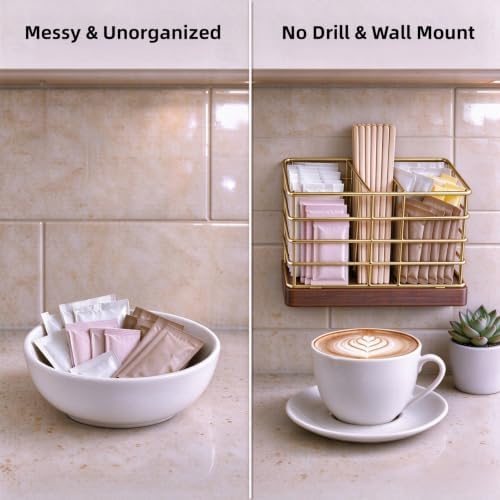 No-Drill Wall Mount Metal Sugar Packet Holder for Coffee Bar, Gold