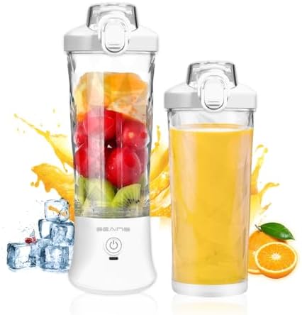 Portable Blender with 20 Oz Travel Cup, 6 Blades, USB Rechargeable for Shakes, Smoothies, Gym, Kitchen and Outdoors (White) by SEAINS