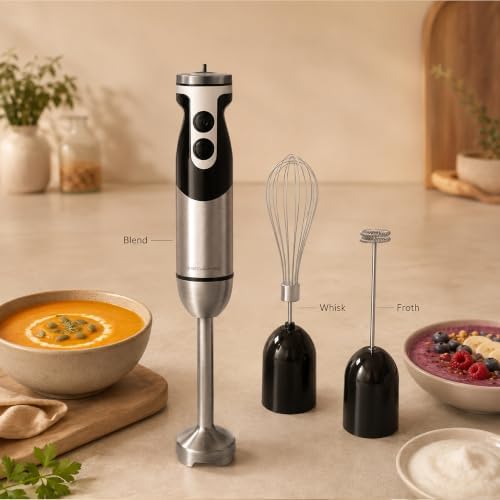 3‑in‑1 Immersion Hand Blender, 12‑Speed Titanium Stainless Steel Stick Blender with Whisk & Milk Frother