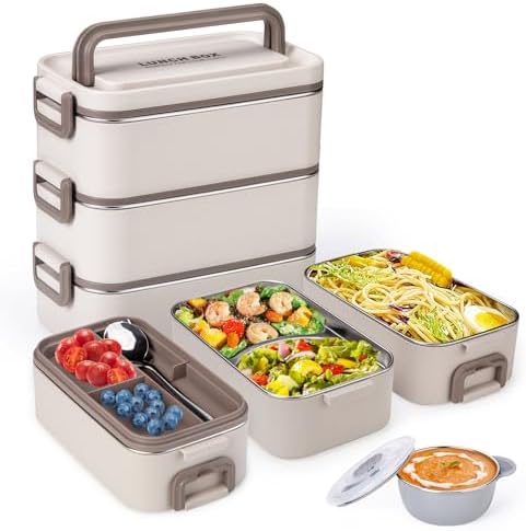 Bento Box Adult Lunch Box, Stackable 3 Layer 304 Stainless Steel Lunch box for Adults Kids Office, 3L Large Capacity Portable Lunch Box Containers with Soup Bowl Spoon and Fork