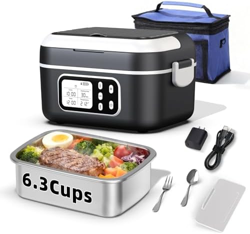 6.3 Cups Cordless Electric Lunch Box for Adults, 27000mAh 100W Rechargeable Battery Powered Automatic Scheduled Heated Lunchbox, Rapid Heating Portable Food Warmer BPA Free for Hot Meals Anywhere