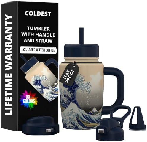 Coldest Tumbler with Handle & Coffee Lid - 100% Spill Proof Tumbler (3 Lids) - Stainless Steel Insulated Leakproof Tumblers for Women & Men - Cup Holder Friendly - 15 oz (The Great Wave) by Coldest