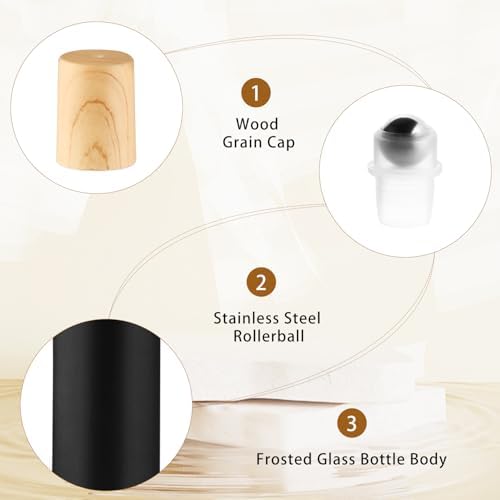 20 Pack 5ml Black Frosted Glass Roller Bottles with Wood Grain Caps Roll-On Containers for Aromatherapy and Perfume - Image 3