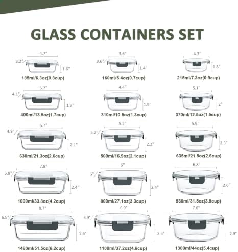 30 Pieces Glass Food Storage Containers Set with Lids, Gray