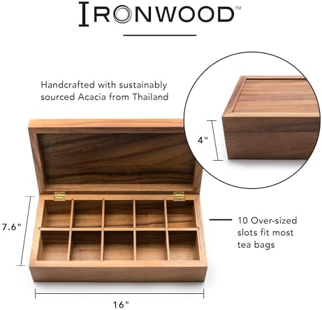 Acacia Wood Tea Box, 10 Compartment XL Tea Chest