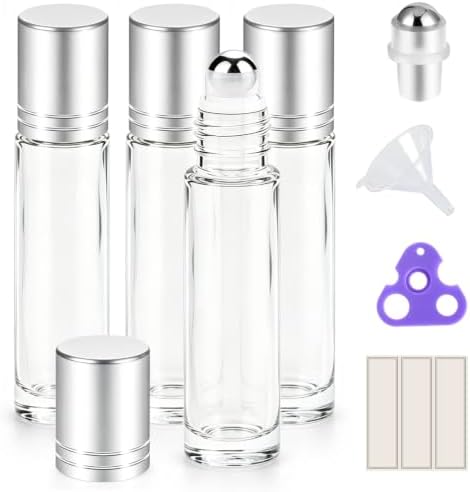 PrettyCare 4 Pack, 10 ml Essential Oil Roller Bottles with Stainless Steel Roller Ball - Refillable Leak-proof Empty Thick Clear Glass Roll on Bottles with Silver Caps for Travel, Perfume by PrettyCare