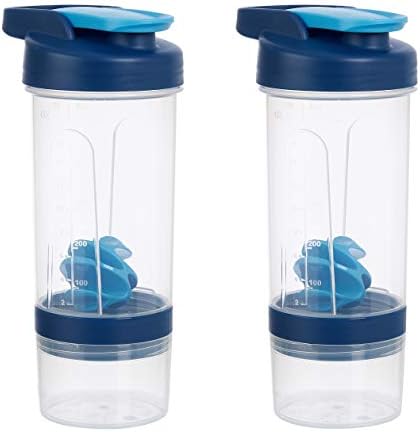 Amazon Basics Leak Proof Protein Shaker Bottle with Mixer Ball and Compartments, Portable, Dishwasher Safe, 20 oz, Blue, 2-Pack by AmazonBasics