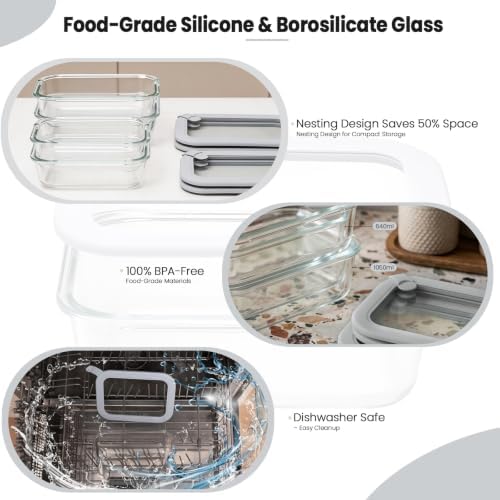 Glass Food Storage Containers with Glass Silicone Lids,22/35oz,Grey