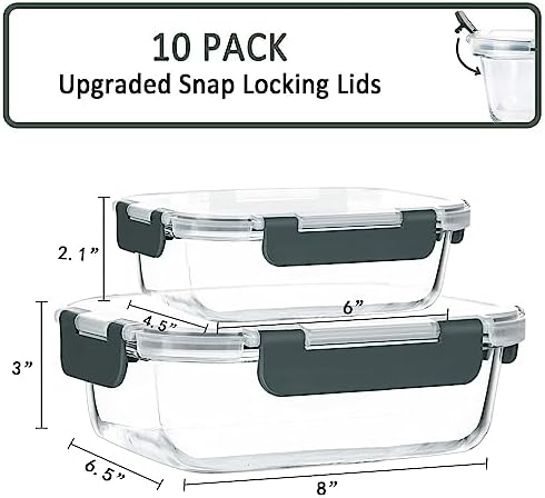 10 Pack Glass Food Storage Containers with Lids, Gray