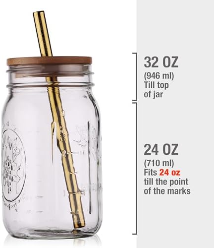 Reusable Boba Bubble Tea & Smoothie Cups - 2 Glass Wide Mouth 32oz Mason Jars with Bamboo Lids - 2 Reusable Gold Stainless Steel Boba Straws