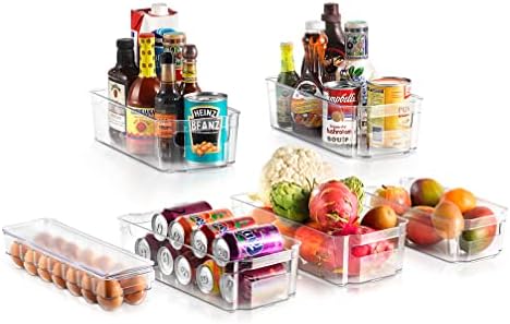Refrigerator Organizer Bins 6-Piece - Plastic Storage Bins with Egg Holder - For Fridge, Freezer, Kitchen, Cabinet, Countertops, Pantry - Stackable Food & Drink Containers, 14.5"x7" - Clear