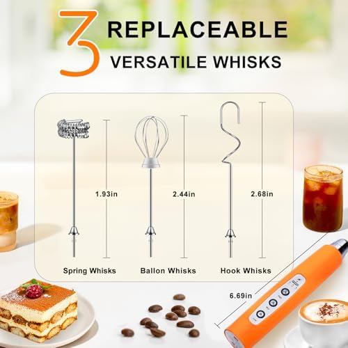 YUSWKO Fluorescence Orange Handheld Milk Frother Wand for Coffee, Rechargeable Electric Whisk with 3 Heads 3 Speeds Drink Mixer Coffee Frother For Latte, Cappuccino, Hot Chocolate, Egg - Image 5